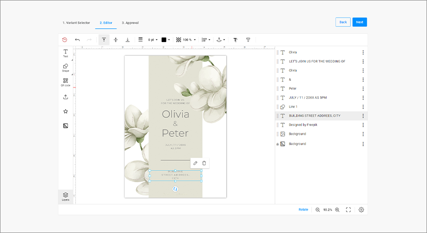 Design editor with templates for invitations