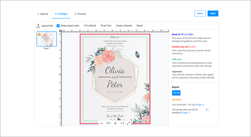 Preflight tool in web-to-print for invitations