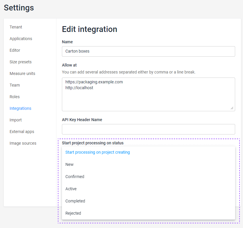 Selecting the start project processing on status.