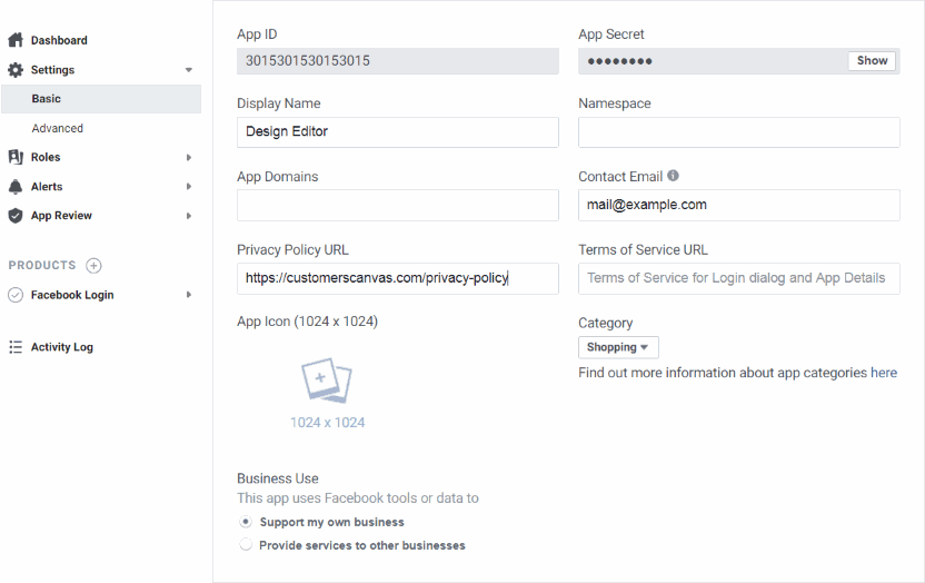 Facebook basic settings.