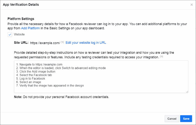 Facebook verification details.