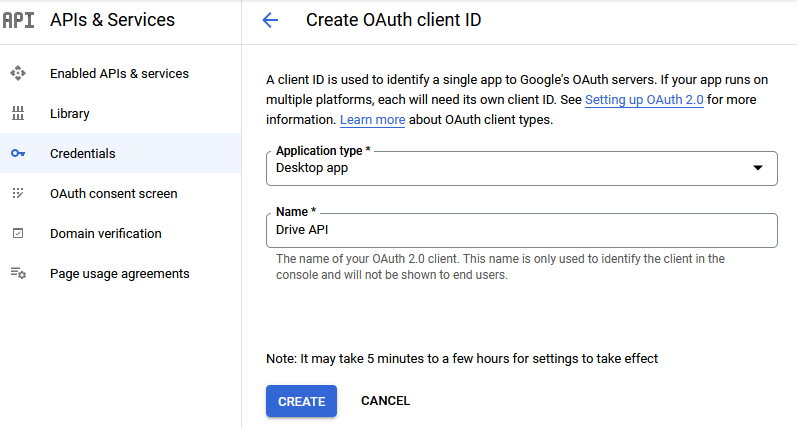 Creating OAuth client ID.