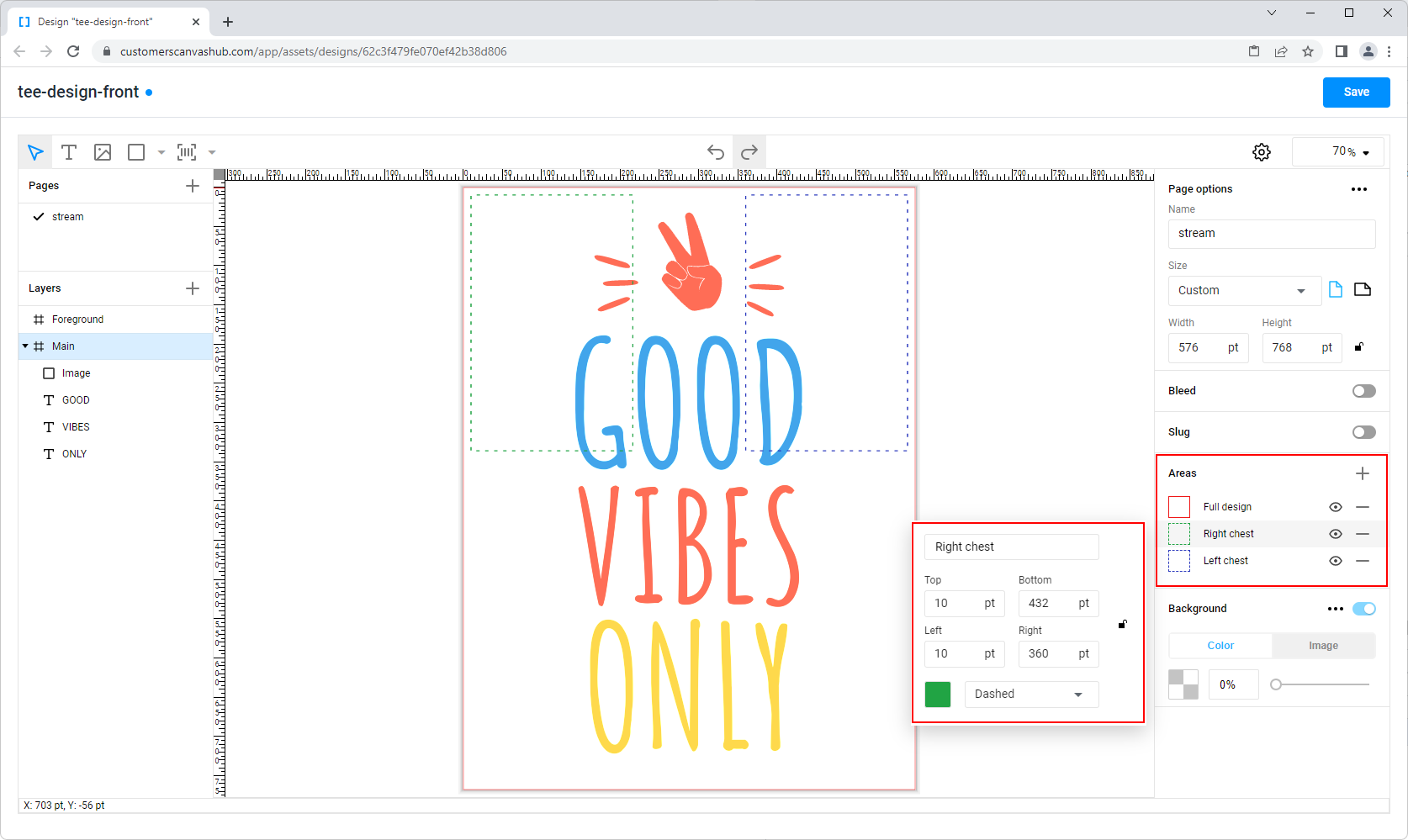 Defining safety areas in the Template Editor.