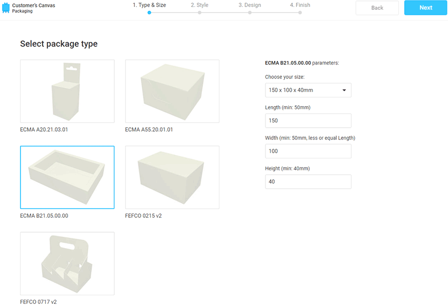 The step of selecting the package type and size in Origami.