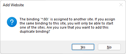 Binding error, caused by binding a site to the already used port.