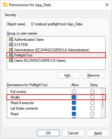 Giving permissions to the Network service account.