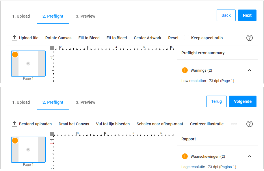 Preflight widget in English and Dutch.