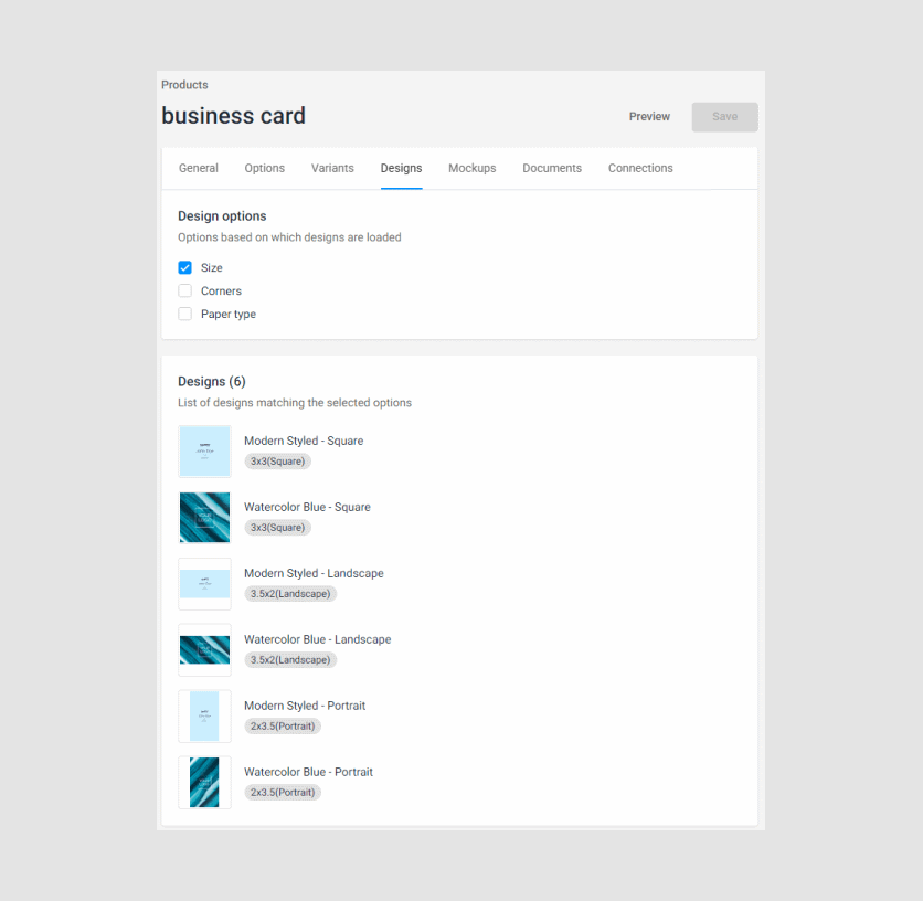 Designs for product options