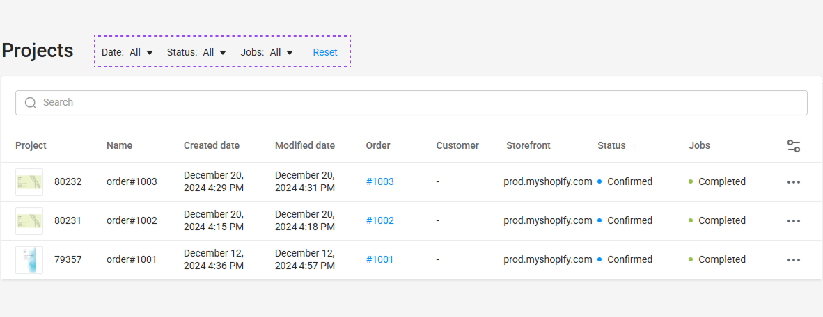 Filtering projects by status