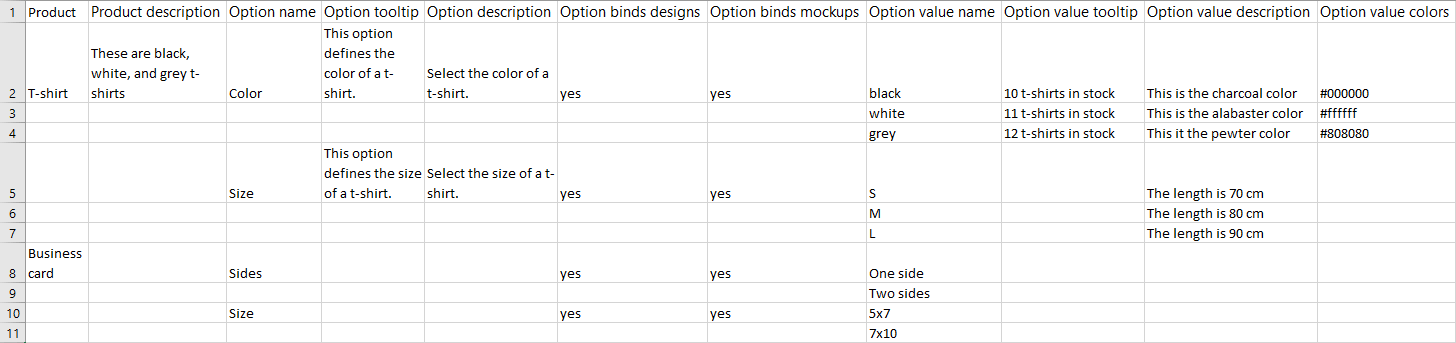 The filled workbook containing one product with two options.