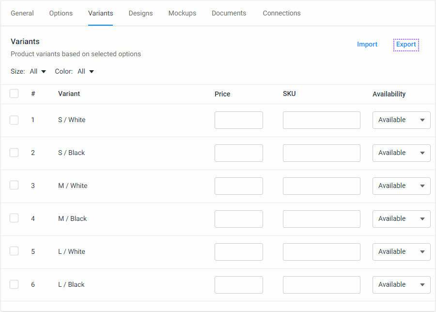 To export a CSV file, click Export.