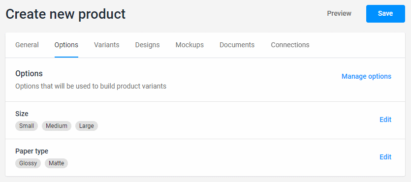 Defining product options.