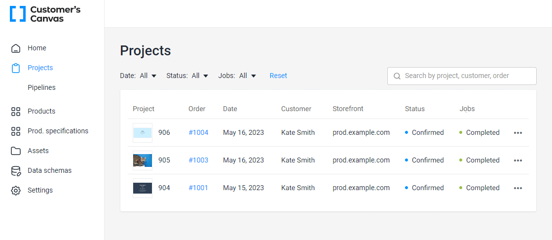 Project list in BackOffice.