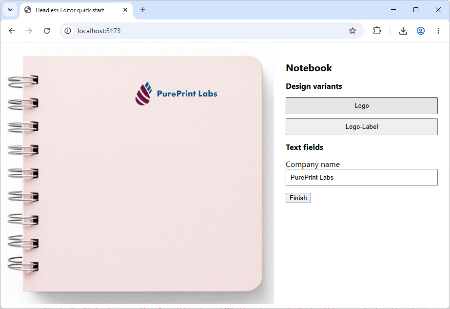 Customization page with the Headless Editor viewer on the left and design variant tiles and text fields on the right