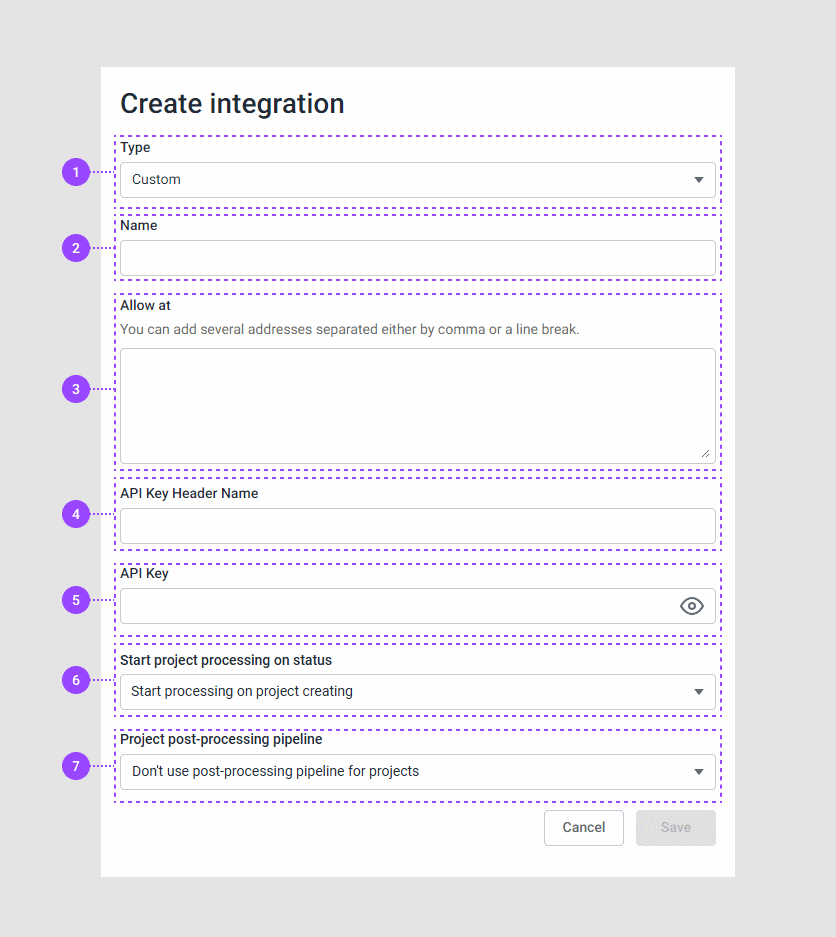 The create integration dialog box.