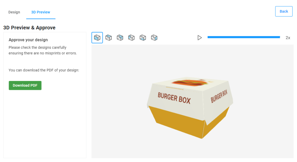 The burger box 3D model in the 3D Preview step.