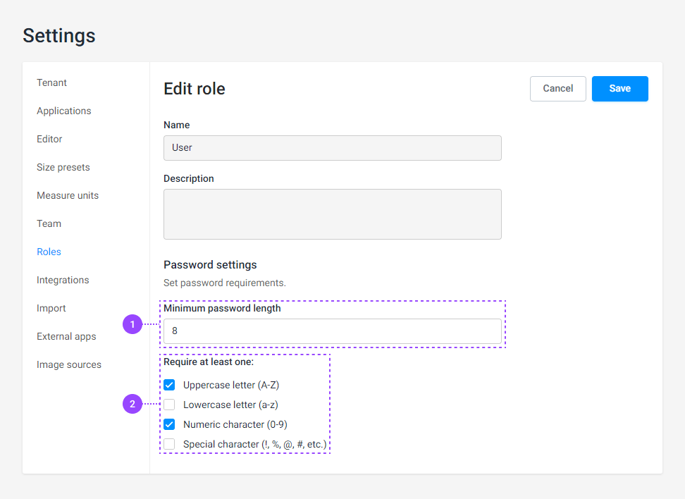 Defining password requirements.