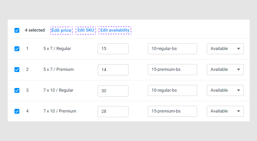 Selected product variants.