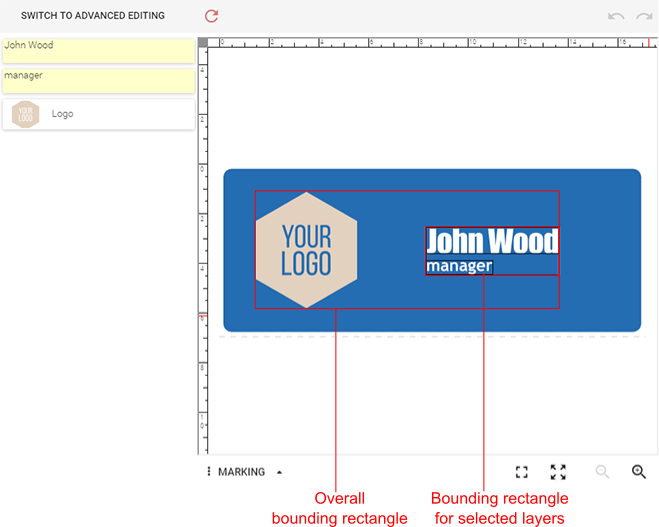 Bounding rectangles for selected layers and all layers of the product.