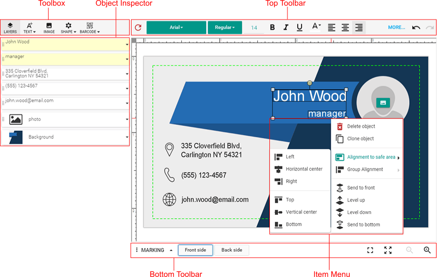 The web-to-print editor in the advanced mode.