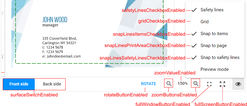 Bottom toolbar properties.