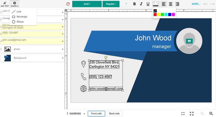 The interface of the web-to-print editor.