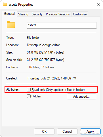 Properties of the assets folder.