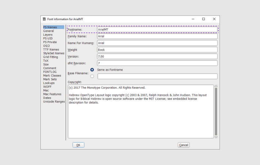 Getting PostScript names in FontForge.