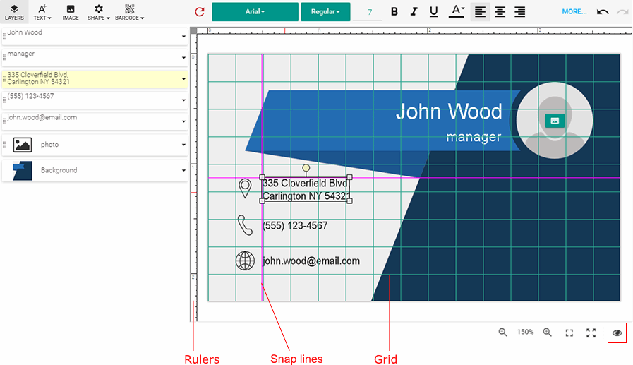 Rulers, grids, and snap lines.