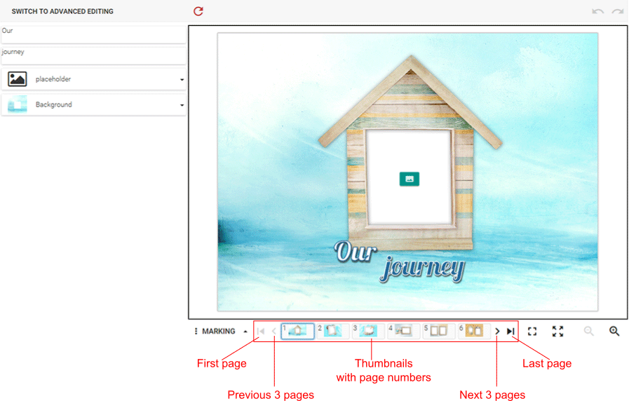 The pagination control in multipage products.