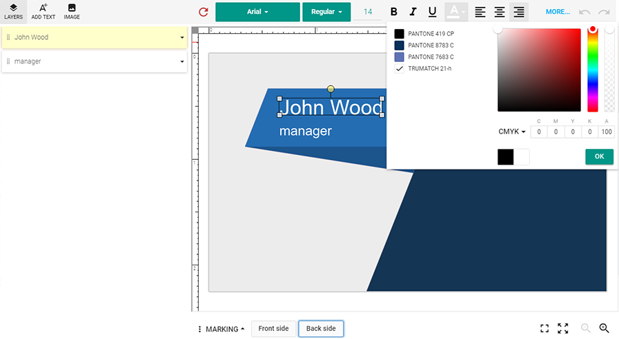 The interface of the web-to-print editor.