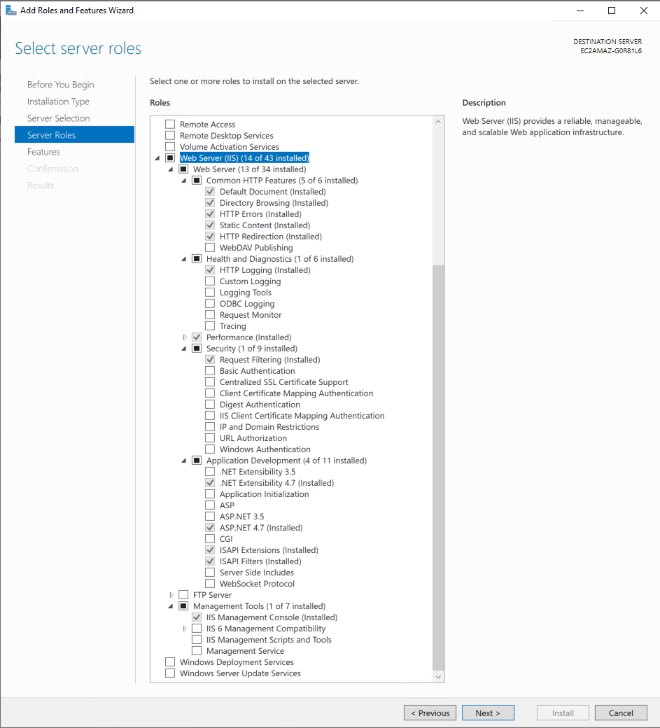 Creating a new web site in IIS.
