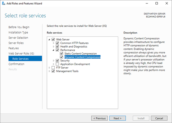 Configuring HTTP compression in Windows Server 2019.