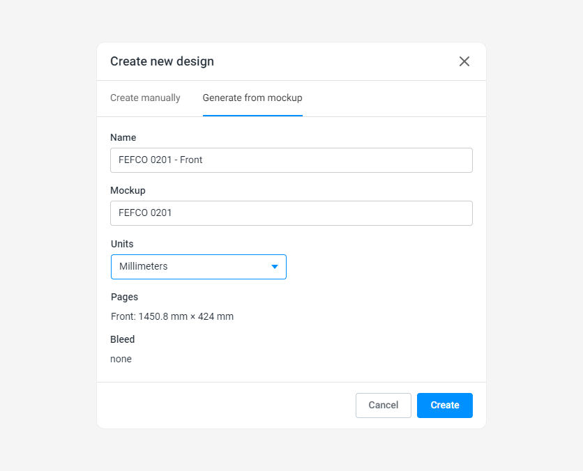 Selected mockup in the Create design form.