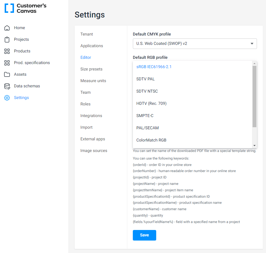 Color profiles in the editor settings