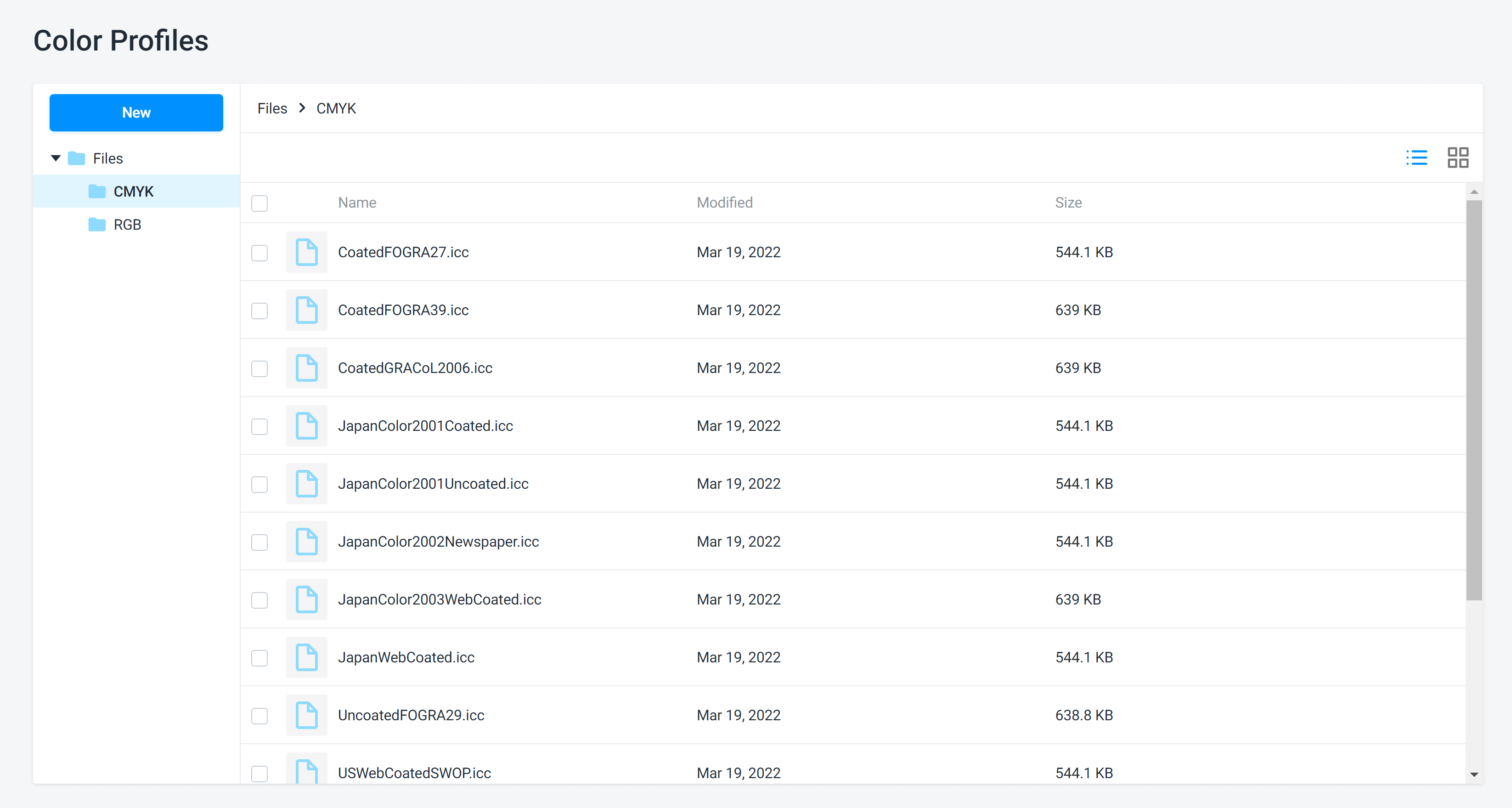 Pre-installed color profiles