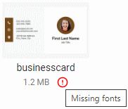 Warning icon about missing fonts.