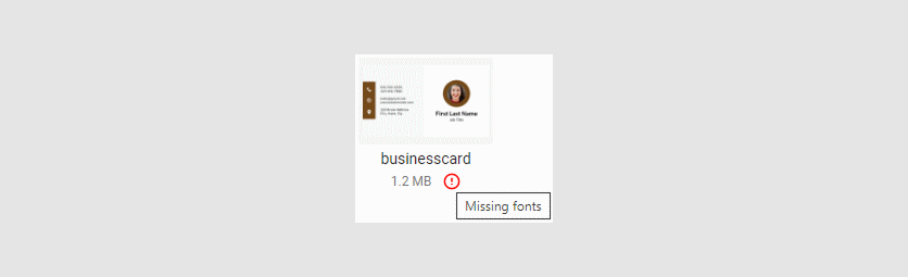 Warning icon about missing fonts.