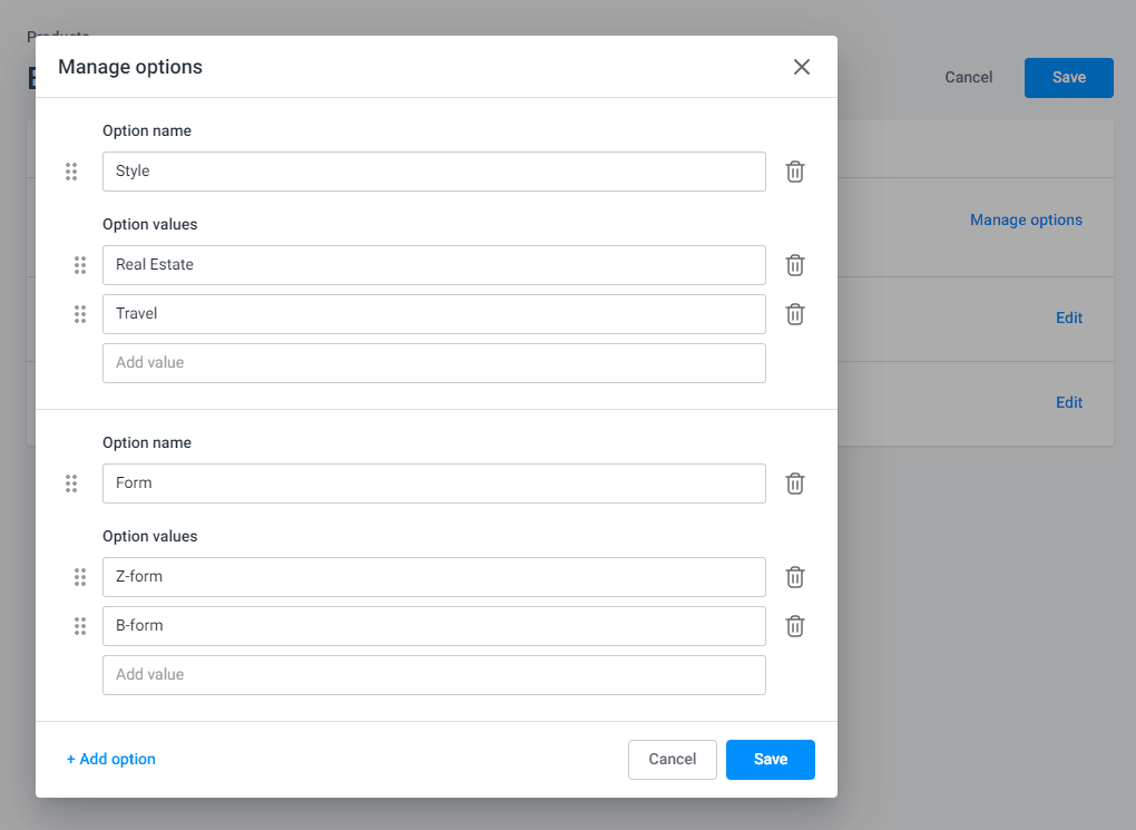 Manipulating options: adding, renaming, moving, and deleting.