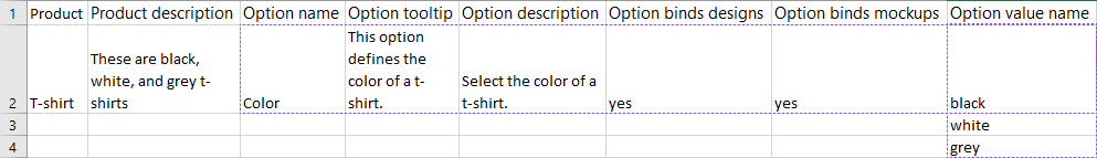 The first option value is in the same row as the option name. 