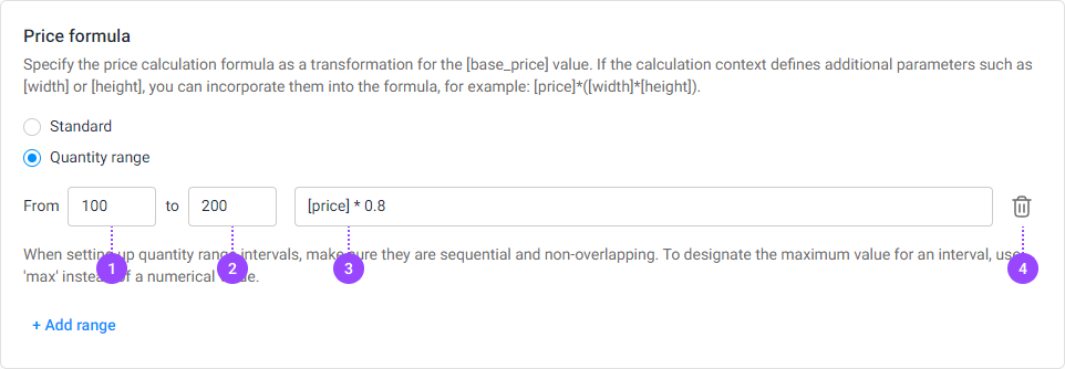 Price formula with selected Quantity range type.