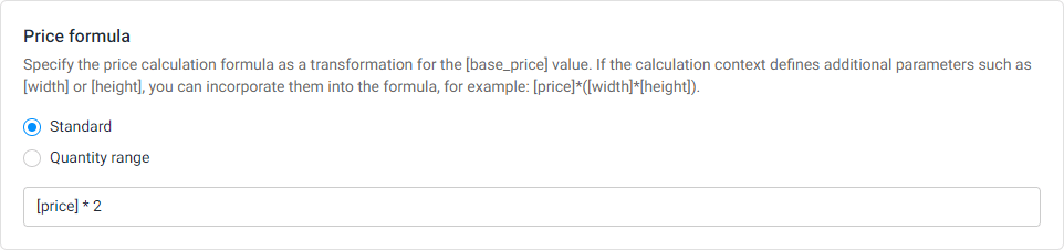 Price formula with selected Standard type.