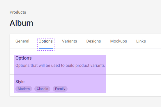 Options tab of a PIM product