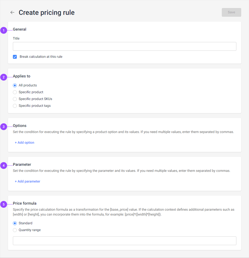 Form for creating a new pricing rule.