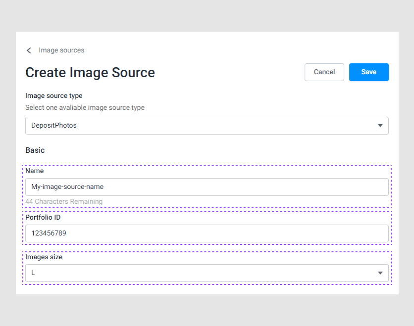 The basic fields to create a new image source.