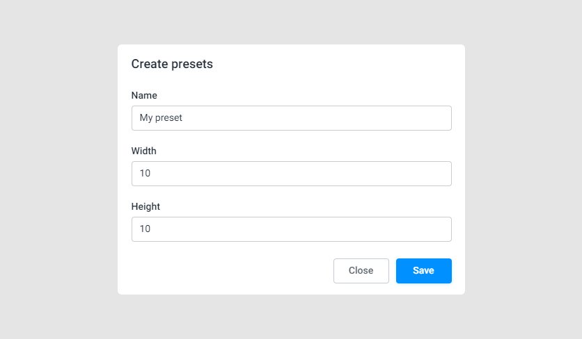 The create presets pop-up box.