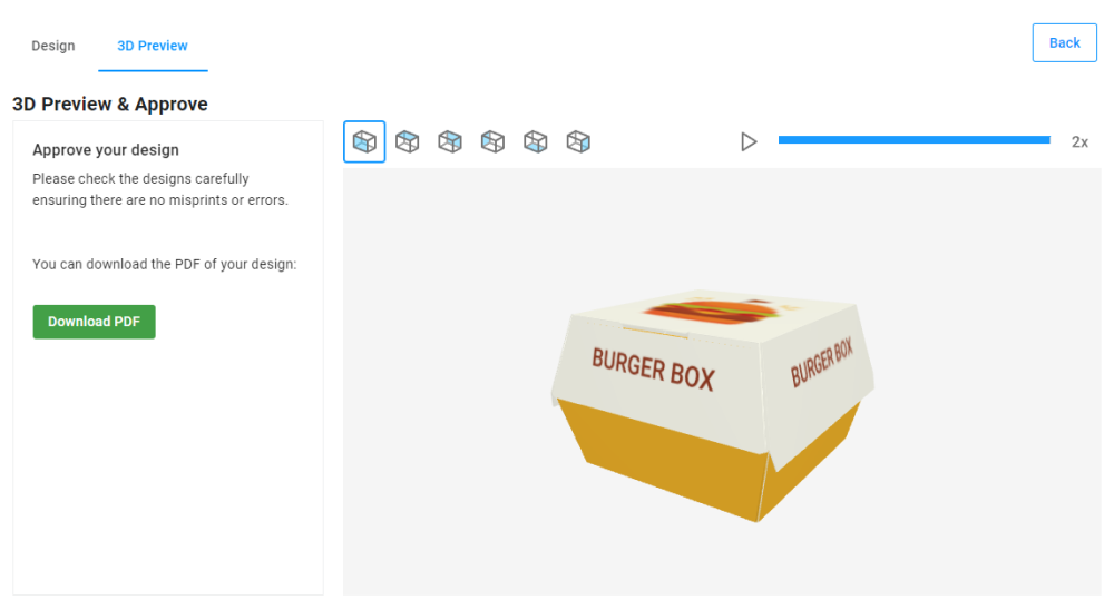The burger box 3D model in the 3D Preview step. 