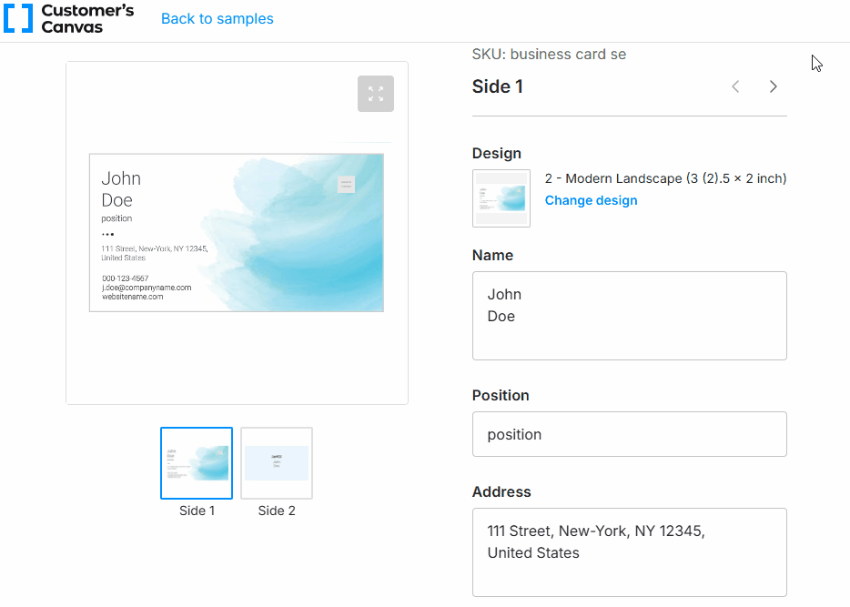 Selecting design variants in a popup window.