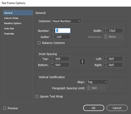Text frame options.