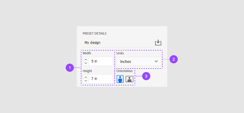 Creating a new design: selecting the size, units, and an orientation.